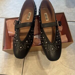 Anthropologie Black leather Studded Flats NWT size 6